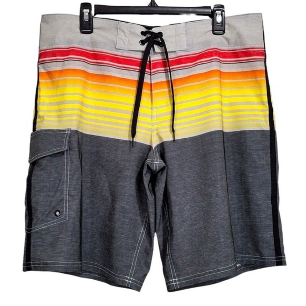 Mossimo Mens‎ Board Shorts 38 Gray Multicolor Striped Cargo Pocket Swim Trunks